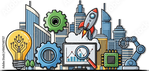 Digital cityscape with gears, rocket, light bulb, monitor, chip, and robotic arm