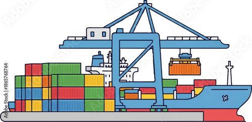 A port crane lifts cargo containers onto a large, colorful ship, facilitating global trade