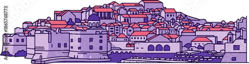 A stylized, graphic depiction of a coastal European city with purple and pink buildings and fortifications
