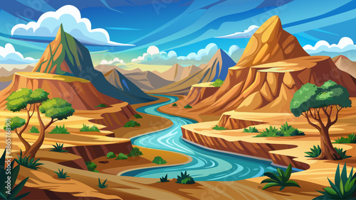 Desert valley with winding dry riverbed