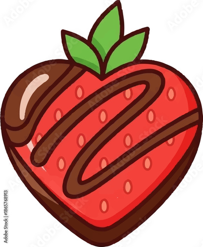 A stylized, heart-shaped strawberry dipped in chocolate, adorned with a drizzle