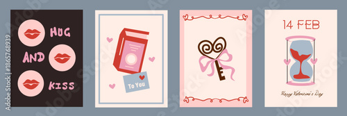 Creative concept of Happy Valentines Day cards set. Modern abstract art design with hearts, lips, letter, key, ribbons. Celebration templates, ads, branding, banner, cover, label, poster, sales.