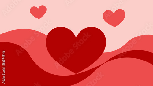 A vibrant illustration featuring a large red heart surrounded by smaller hearts and flowing red and pink wavy patterns, symbolizing love and romance.
