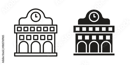 Train station building icons Black vector illustration for social media, app, and web