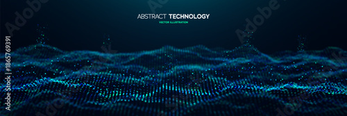 Abstract Technology Background With Digital Waves And Glowing Particles Representing Big Data And Artificial Intelligence. High Tech Technology Backgrounds For Design. Vector Illustration