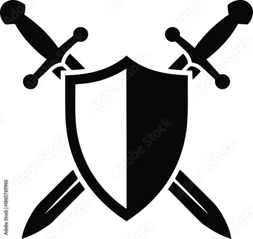 A bold black and white shield with two mighty crossed swords for protection and defense