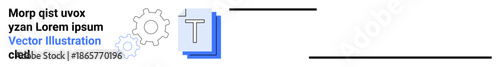 Technology, workflows, innovation, design, digital systems, process flow. Two overlapping gears with a text icon and lines. Technology and digital systems concept