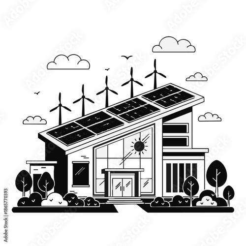 Eco-friendly Building with Solar Panels and Wind Turbines.