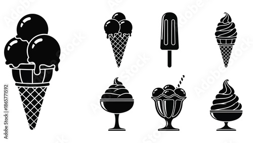 Black and white illustrations of various ice cream treats and desserts