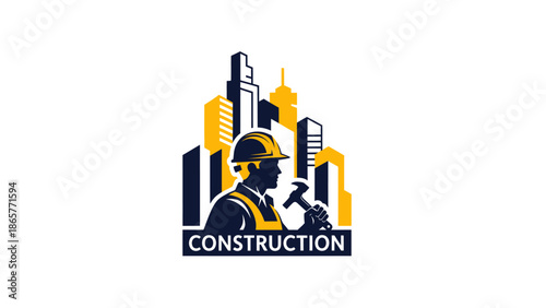 Construction worker with hammer in front of city buildings logo.