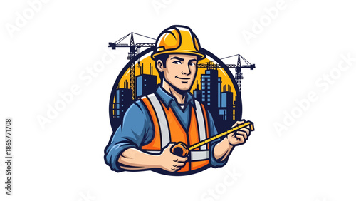 Construction worker with hard hat and measuring tape.