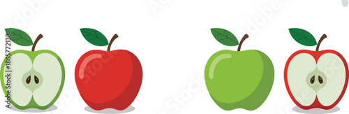 A vibrant collection of green and red apple illustrations, including whole fruits and sliced halves showing seeds