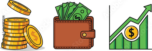 Financial Growth Illustration with Coins and Wallet in Flat Design with Green Color Scheme and Rising Chart for Business Infographics