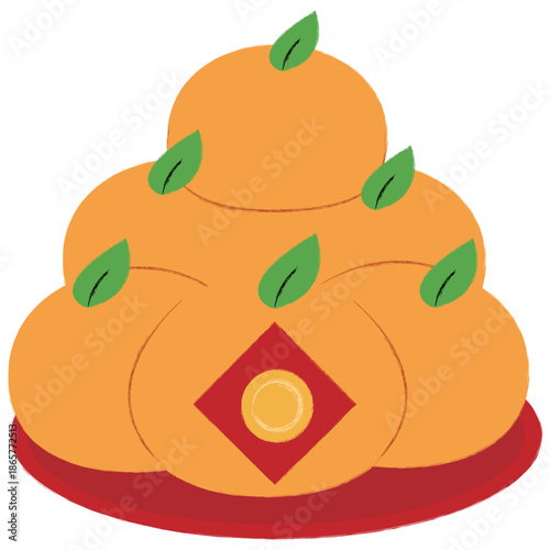 Auspicious Mandarin Oranges on Red Plate Illustration Hand-drawn style