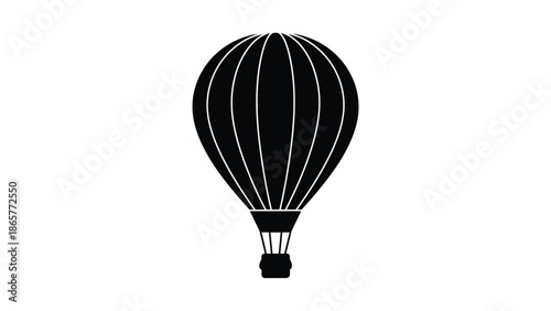 A simple black and white illustration of a classic hot air balloon