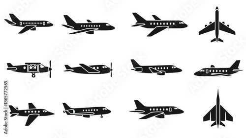 Collection of various aircraft silhouettes airplanes jets and propeller planes