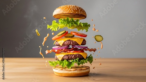Vibrant and dynamic studio shot of a delicious gourmet beef burger with its fresh ingredients artistically suspended in mid-air, emphasizing flavor and culinary delight