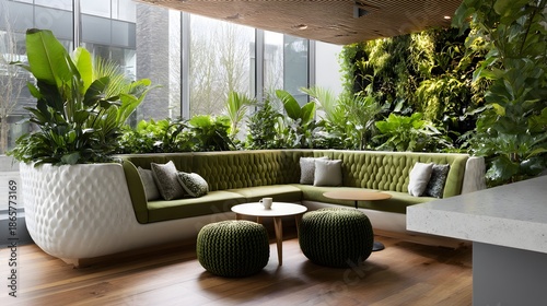 biophilic commercial background greenery and soft lighting