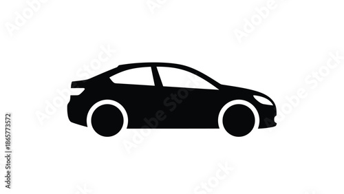 A simple black silhouette of a modern sedan car on a white background