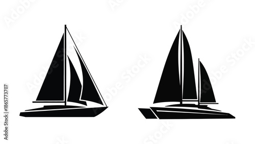 Black silhouette illustration of three sailboats on a calm white background