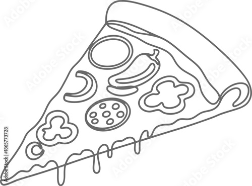 A simple line drawing of a slice of pizza with toppings