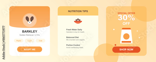 Pet Adoption and Care UI Card Set with Nutrition Tips and Special Offers