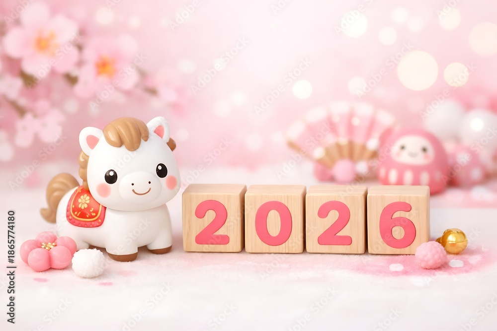 custom made wallpaper toronto digital2026 Japanese New Year with Cute Zodiac Horse and Wooden Number Blocks
