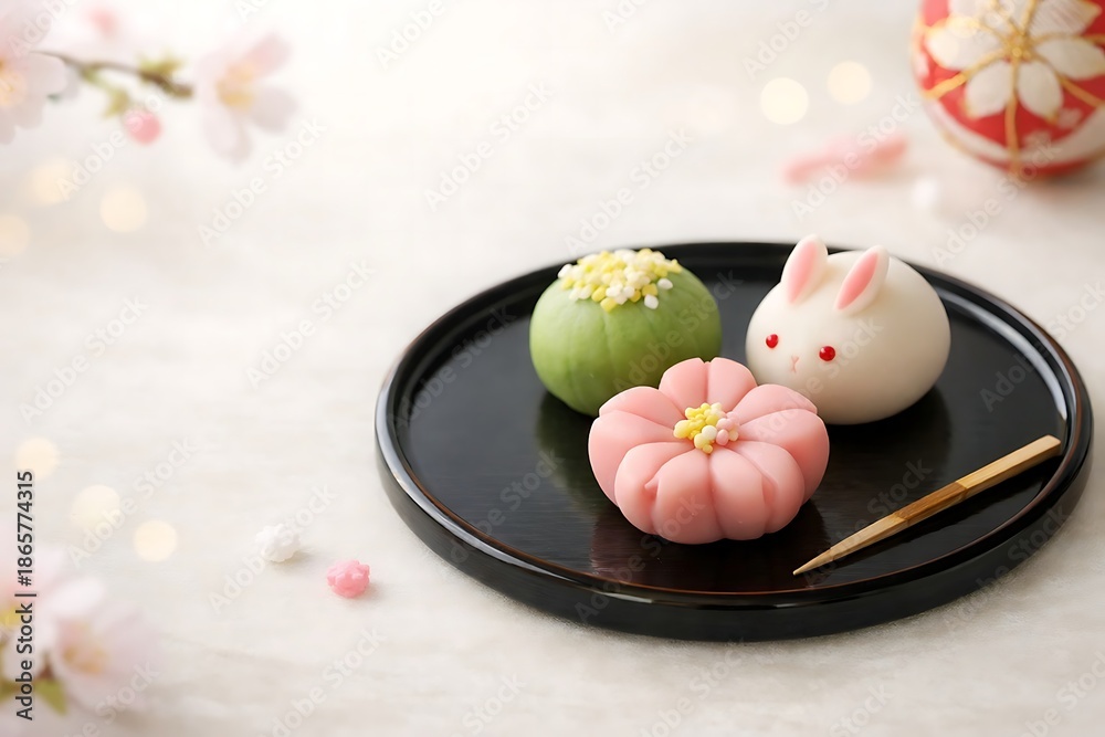 custom made wallpaper toronto digitalCute Rabbit and Floral Japanese Wagashi Sweets on Black Tray