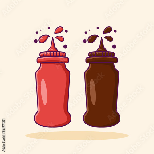 Strawberry and chocolate jam bottles are perfect for topping cakes and pastries with a sweet, minimalist, flat cartoon design. The icon is a ketchup or tomato bottle.