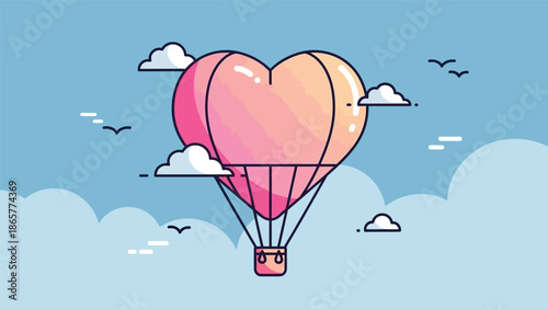 Heart shaped hot air balloon flying in the sky with clouds and birds.