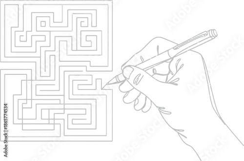 Hand navigating through complex maze with pen