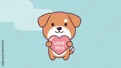 Adorable cartoon dog holding a heart with love message.