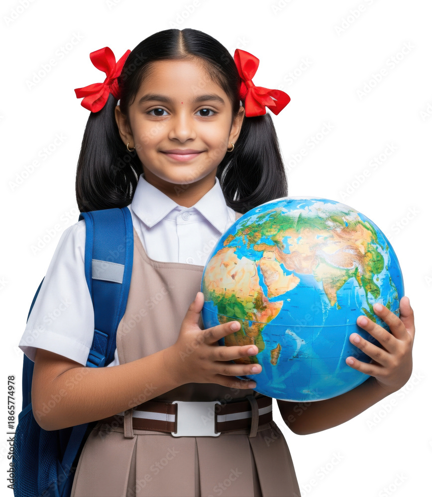 Fototapeta premium happy indian schoolgirl holding earth globe standing on isolated background