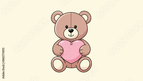 Cute cartoon teddy bear holding a pink heart.