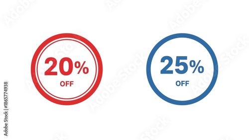 20 percent and 25 percent off discount sale badge set, red and blue promotional offer circle labels