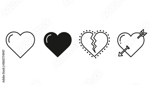 Set of four different black heart icons on white background.