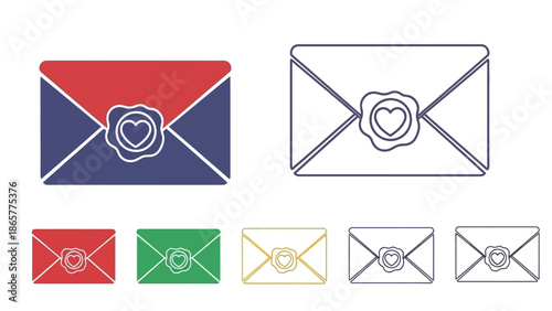 Envelope icons with wax seal in various colors and styles.