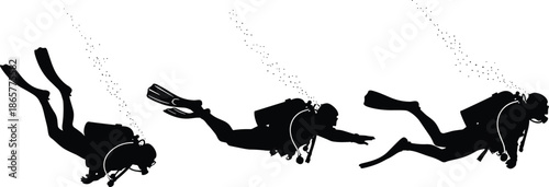 Three silhouettes of scuba divers underwater wearing fins, masks, and oxygen tanks, releasing bubbles while exploring ocean depths in aquatic adventure