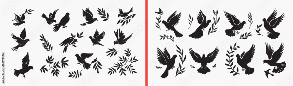Obraz premium flying bird icons, bird silhouette vector, wildlife bird illustrations, nature bird symbols, black bird graphics, forest bird pack, animal silhouette set, outdoor bird elements, eco wildlife icons, bi