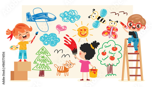 Cartoon Kids Drawing On Wall