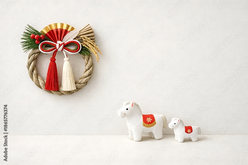 custom made wallpaper toronto digitalMinimal Japanese New Year Scene with Shimenawa Wreath and White Horse Figurines