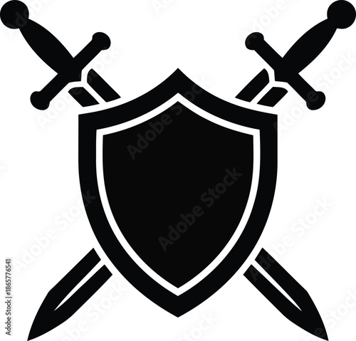 Strong black shield paired with two powerful crossed swords depicting medieval defense