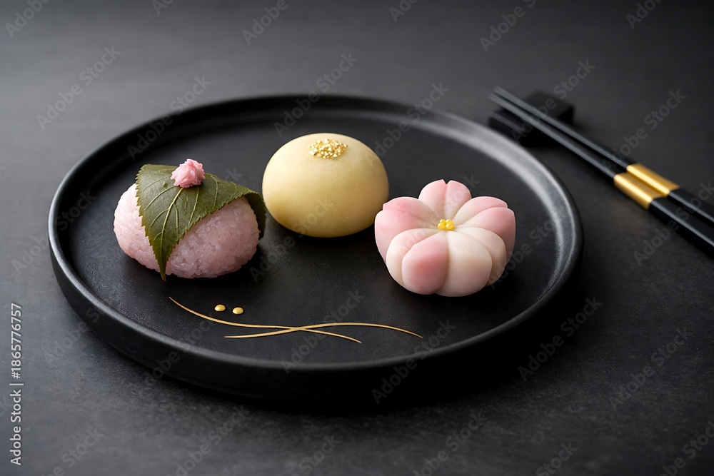 custom made wallpaper toronto digitalElegant Japanese Wagashi Desserts Served on Black Plate with Gold Accents