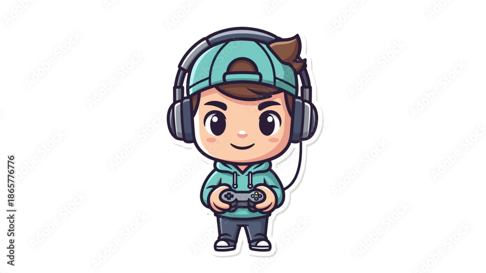 Fototapeta premium Cute cartoon boy gamer with headphones and controller playing video games.