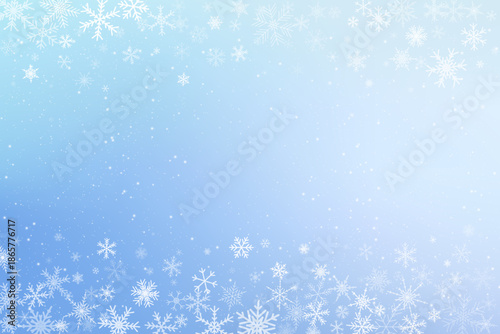 Light blue winter background with falling crystals of snowflakes. Frozen border of icy crystals. Christmas frame for holiday decoration. Vector illustration