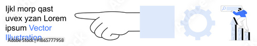 Business analysis, process optimization, data trends, workflow management, technology, innovation. Hand pointing at text, gear symbol person reviewing charts. Business analysis and process