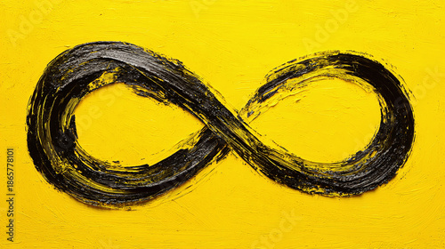 A stylized infinity symbol painted in black against a bright yellow background, representing boundlessness