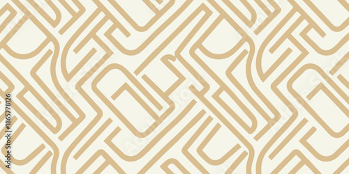 Geometric pattern featuring interconnected lines and shapes in a beige and white design viewed from directly above