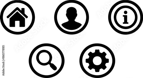 Simple black icons representing home, user, information, search, and settings on a white background