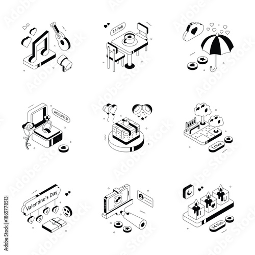 Take a look at this amazing isometric outline illustrations set of romantic lifestyle